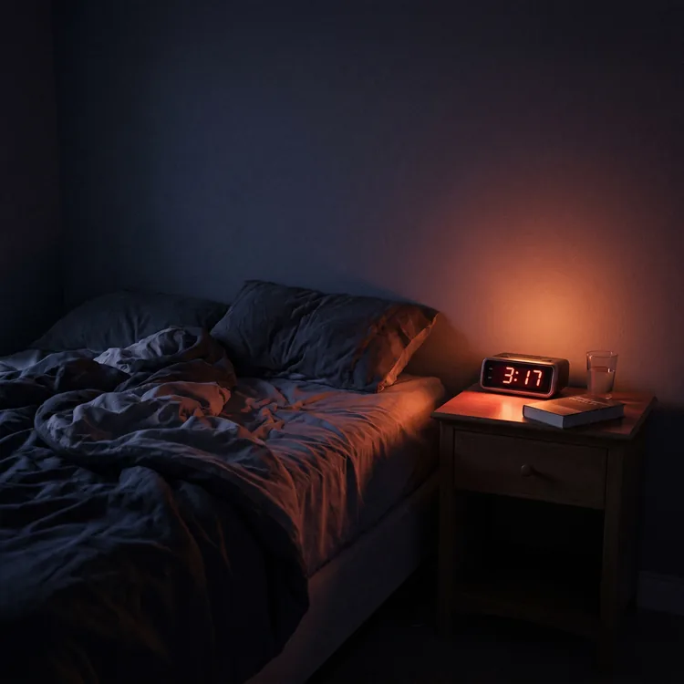 Chambre sombre, réveil affichant 3h17